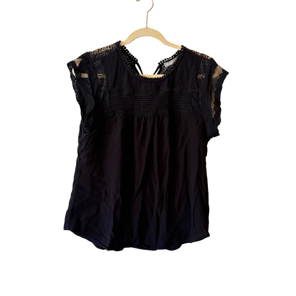 Daniel Rainn Womens Black Lace Trim Pintuck Short Sleeve Blouse Top XL